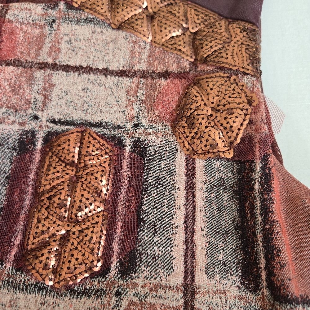 Save The Queen Sheath Dress Leather Inserts Rose Gold Sequins Geometric Maroon M - Picture 9 of 14